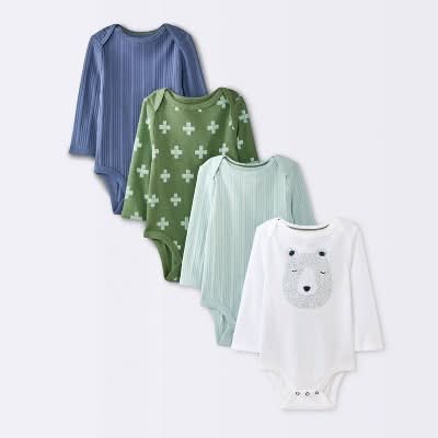Baby Boys' 4pk Bear Long Sleeve Bodysuits - Cloud Island™ Ivory/Blue/Green 6-9M