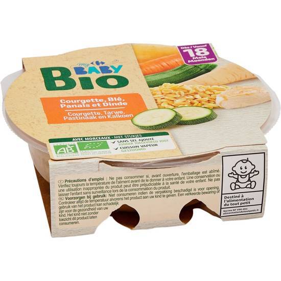 Carrefour Baby Bio - Plat bébé dès 18 mois, courgette - blé - panais- dinde (260g)