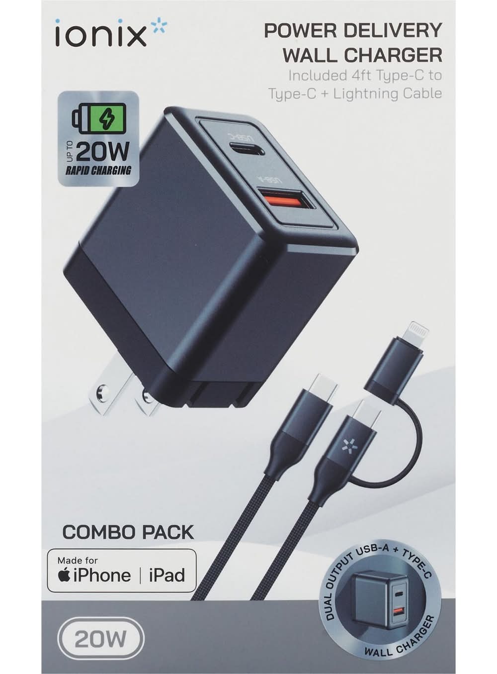Ionix Power Delivery Wall Charger With Type C To C Cable Combo pack 20 W, 4 ft, Black
