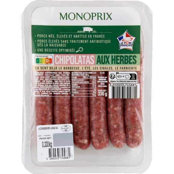 Monoprix Chipolatas Aux Herbes De Porc {Lev{ Sans Traitement Antibiotique La Barquette De 6 = 330 G