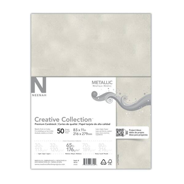 Neenah® Creative Collection™ Metallic Specialty Card Stock, White Silver, Letter (8.5" x 11"), 65 Lb, Pack Of 50