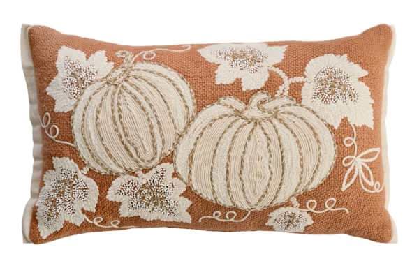 Fall Orange Cotton Slub Embroidered Throw Pillow, 14x24