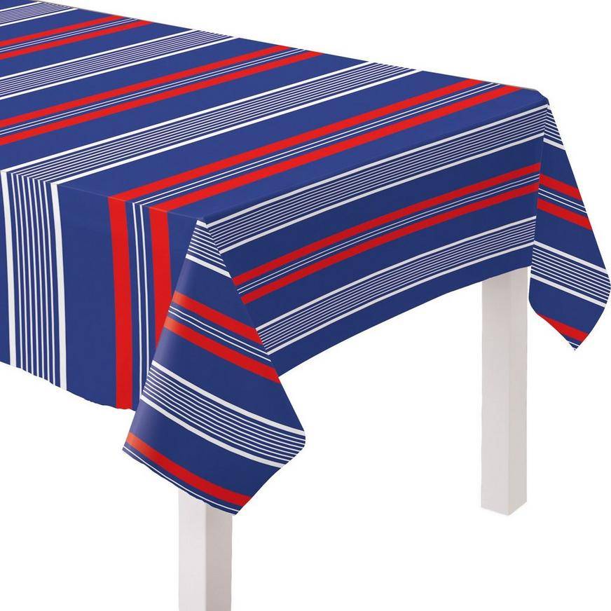 Navy, Red White Striped Fabric Tablecloth