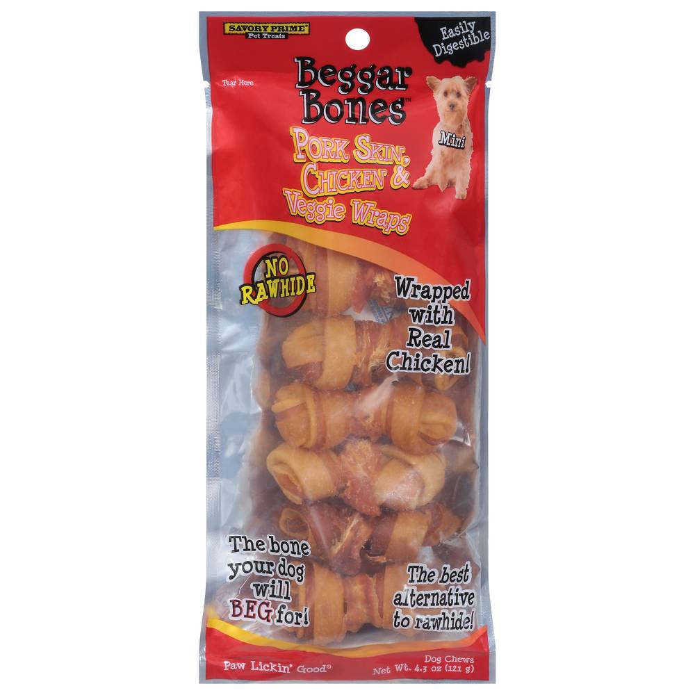 Beggar Bones Dog Chews, Pork Skin-Chicken-Veggie Wraps (4.3 oz)