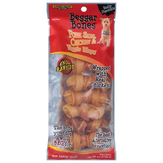 Beggar Bones Dog Chews (pork skin-chicken-veggie wraps)