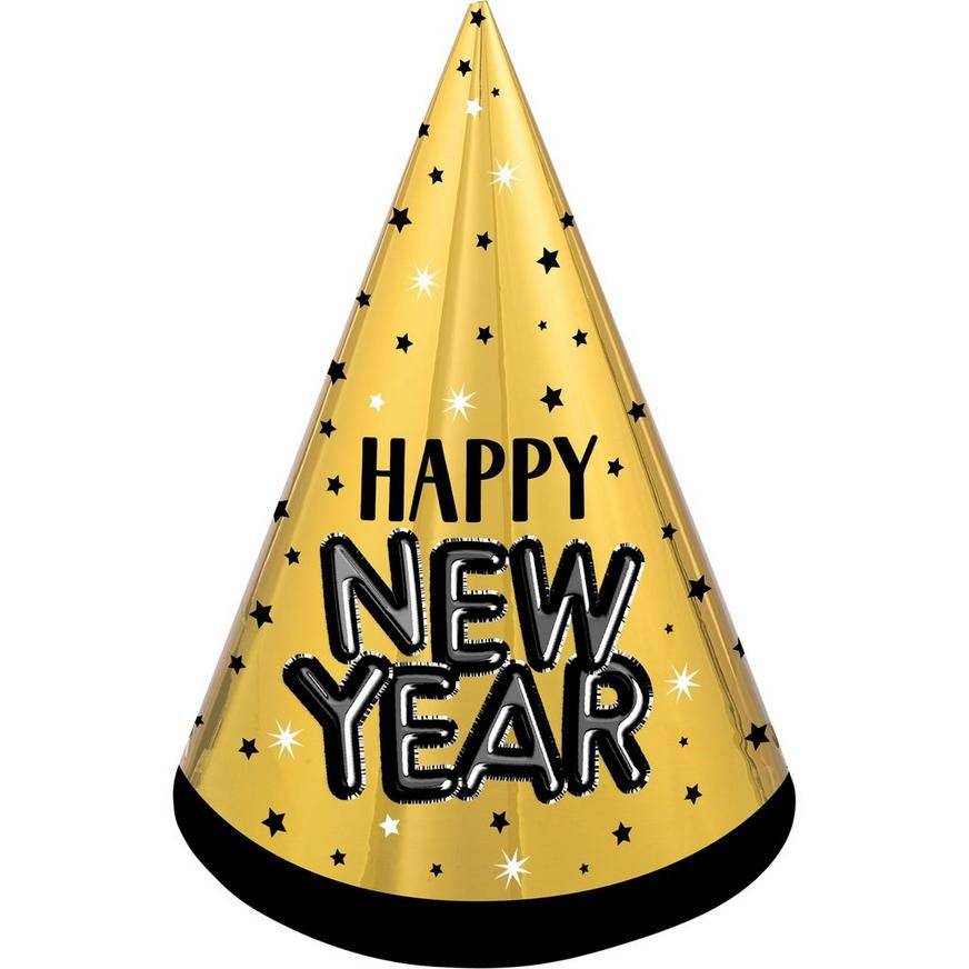 Black, Gold Silver Happy New Year Cardstock Party Hat, 9in