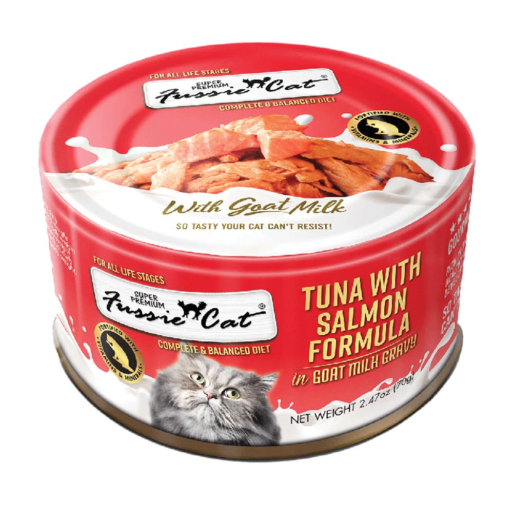 Fussie Cat Super Premium Tuna w/ Salmon Formula in Goat Milk Canned Cat Food (2.47 oz)