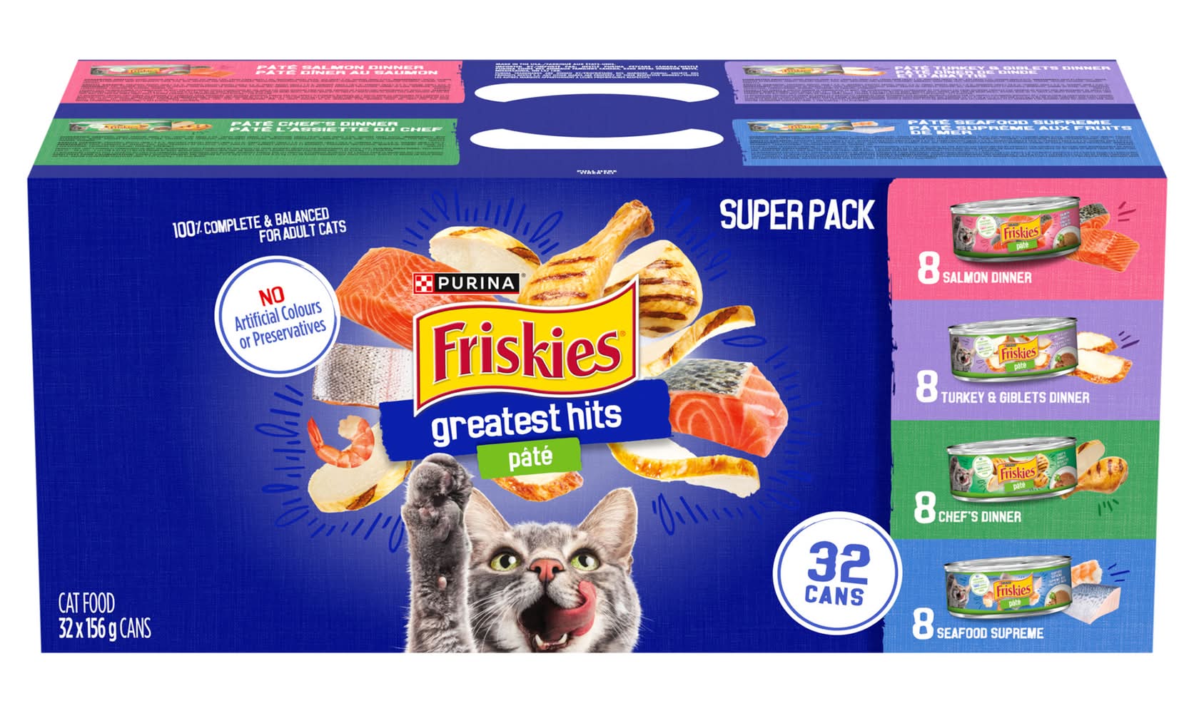 Purina Friskies Greatest Hits Pate Wet Cat Food Variety pack, Salmon-Turkey & Giblets-Chef's-Seafood Supreme, Adult (32 x 156 g)