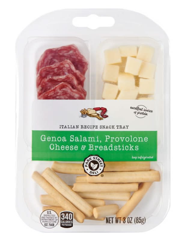 Park Street Deli Platter Snack Tray (3 oz), Genoa Salami, Provolone Cheese & Breadsticks (3 oz)