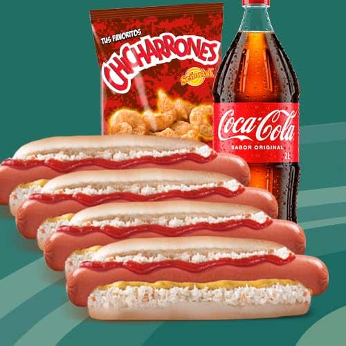 Combo Familiar 4 Hot Dog Monster + Coca Cola 2lt + Chicharrones Señorial Barbacoa o Limón 55g