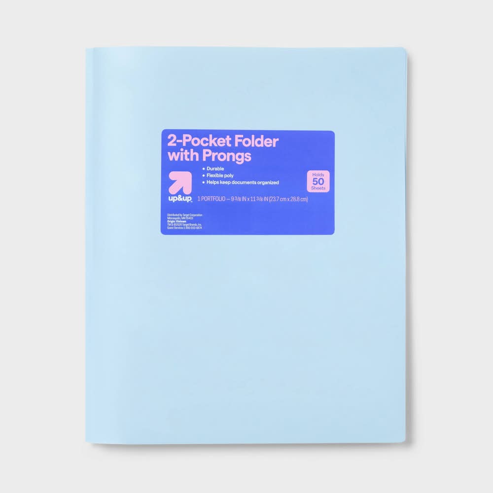 up&up 2 Pocket Plastic Folder With Prongs 50 Sheets, 9.37x11.38 in, Pastel Blue