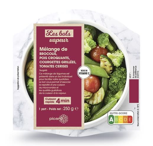 Bol vapeur brocolis, pois croquants, courgettes grillées, tomates cerises