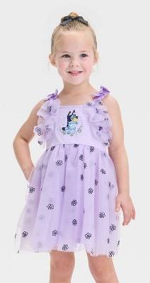 BLUEY Toddler Flower Embroidery Tulle Dress, 2T, Purple