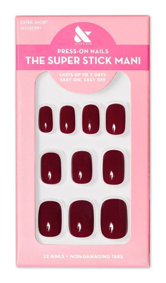 Olive & June The Super Stick Mani Press on Nail Tabs Xs Squoval, Mulberry (32 ct)