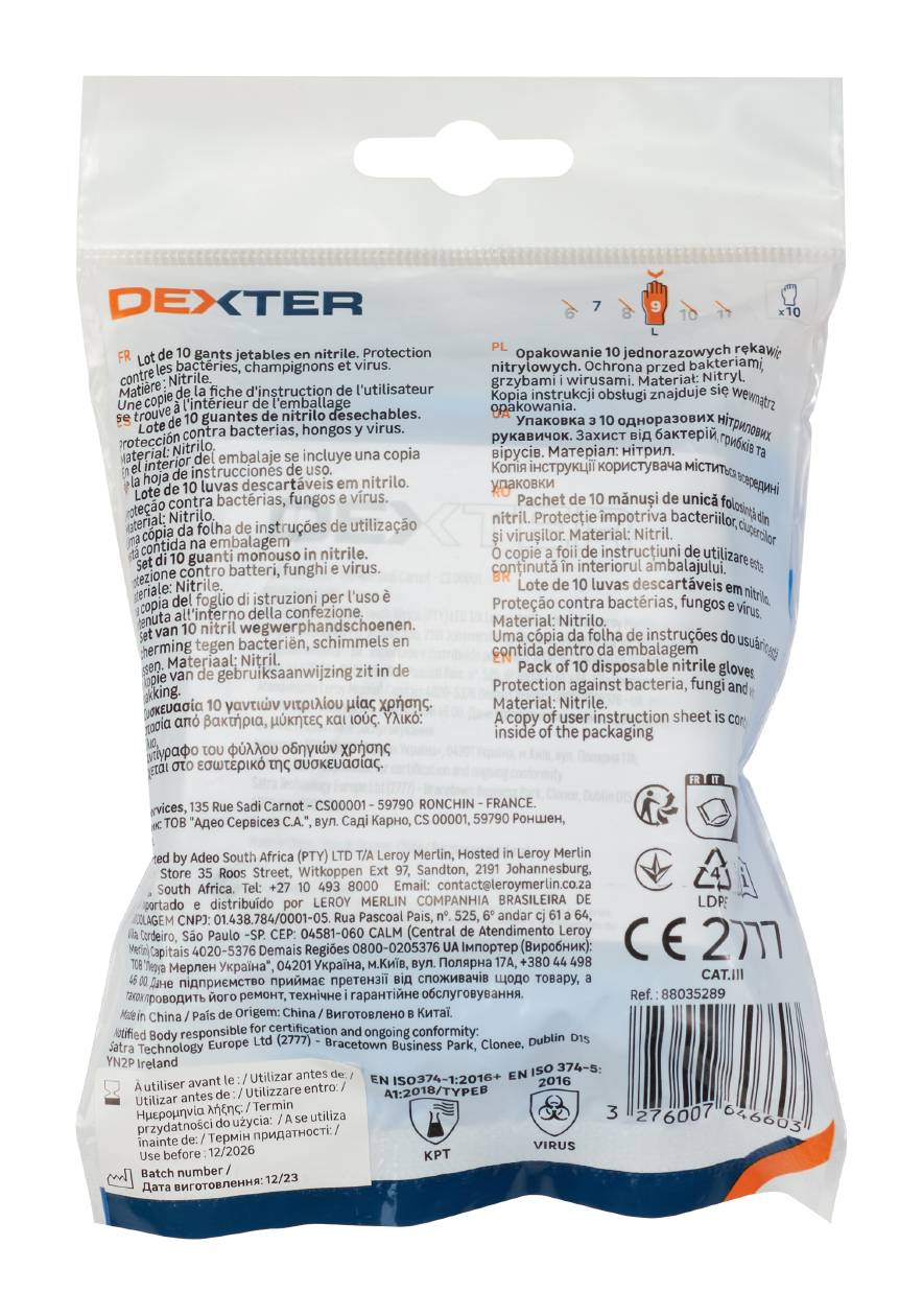 10 luvas descartáveis nitrilo azul sem pó tamanho 9L Dexter