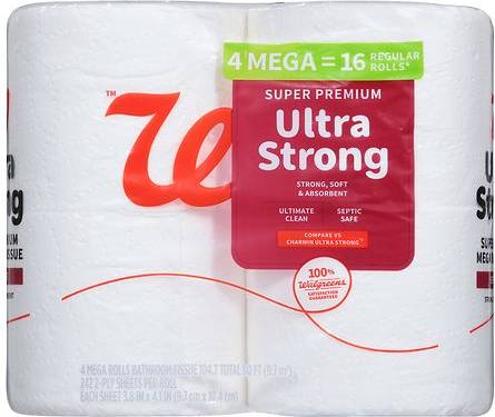 Walgreens Super Premium Ultra Strong Bath Tissue Rolls, 3.8 Inch X 4.1 Inch (4 ct)