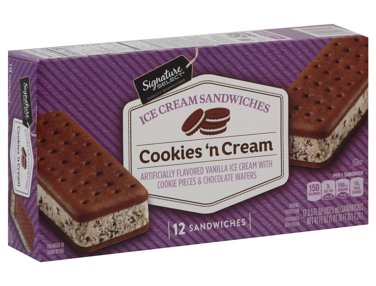 Signature Select Ice Cream Sandwiches, Cookies N Cream (12 x 3.5 fl oz)