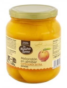 Melocotón en almíbar calidad extra en mitades De Nuestra Tierra 400 g.