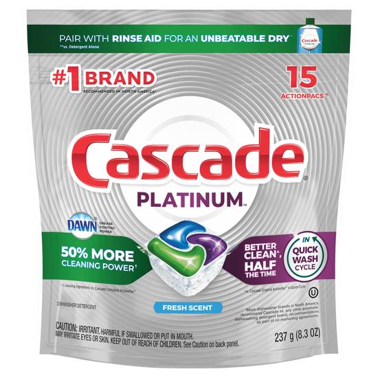 Cascade Platinum ActionPacs Dishwasher Detergent Pods, Fresh, 15 ct
