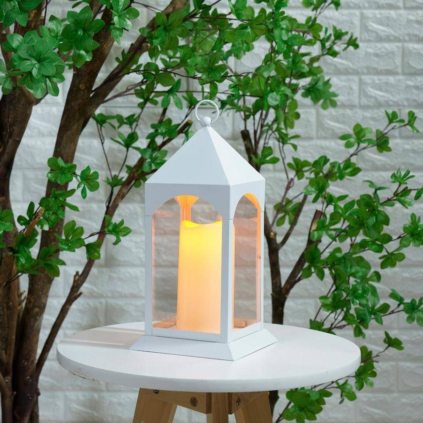 White Metal Lantern with Flickering LED Candle, 6in x 12.5in