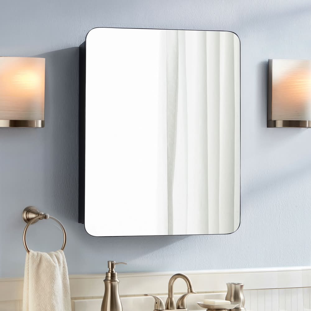 allen + roth 20-in x 26-in Surface/Recessed Mount Matte Black Mirrored Square Soft Close Medicine Cabinet