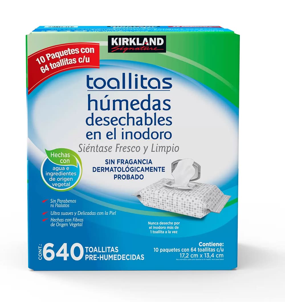 Kirkland Signature · Toallitas húmedas desechables para desechar en el inodoro, 17.2cm x 13.4cm (10 x 64 un)