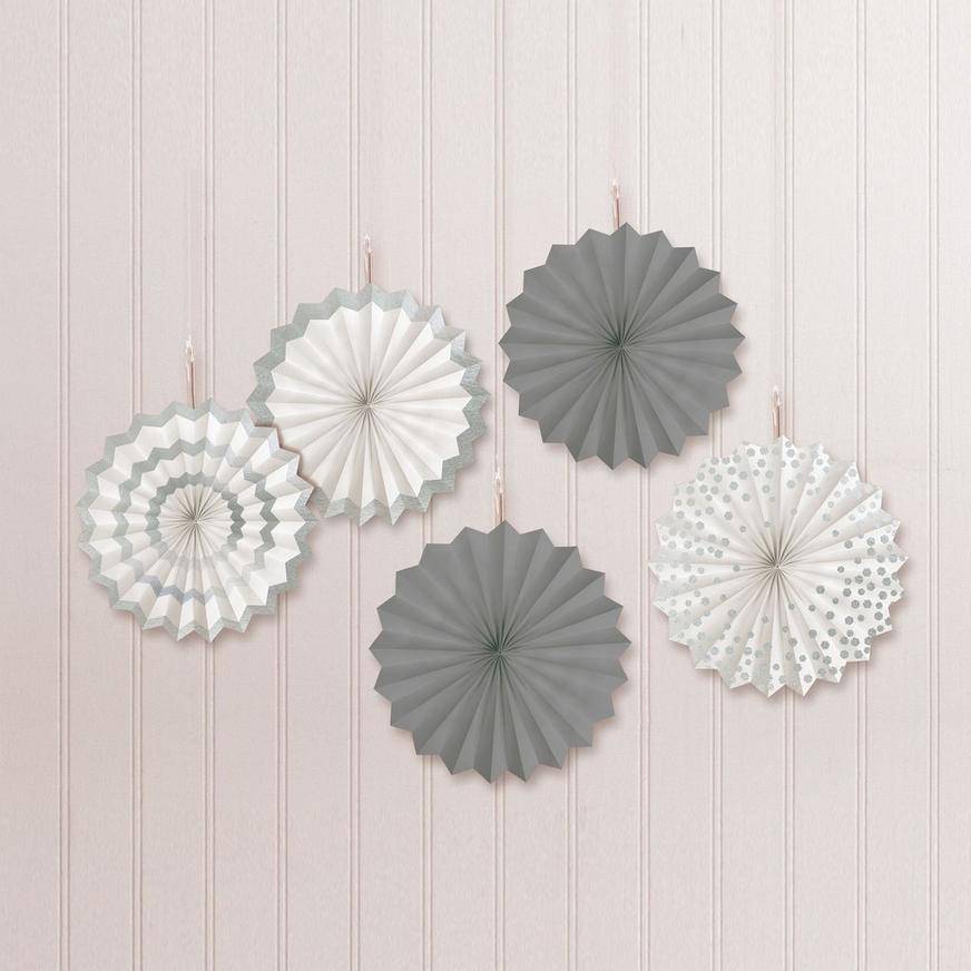 Silver Mini Paper Fan Decorations, 6in, 5ct