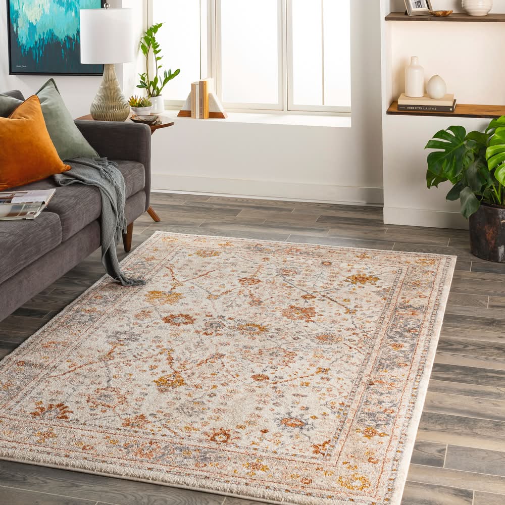 allen + roth Camille Border 5 x 8 (ft) Loomed Polypropylene Beige Rectangular Indoor Floral/Botanical French Country Hose Washable Pet Friendly Area rug
