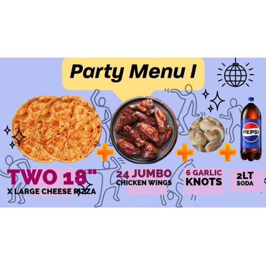 Party Menu I - Two 18" Cheese Pizza, 24 Jumbo Wings, 6 Garlic Knots and 2lt Soda