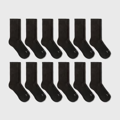 All In Motion Crew Cushion Athletic Socks, Men, 6-12, Black (12 ct)