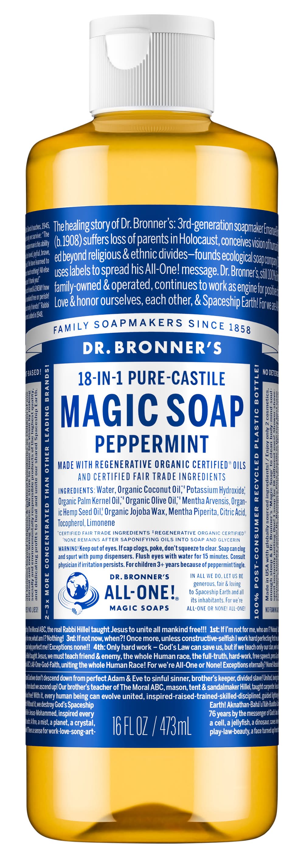 Dr. Bronner's 18-In-1 Pure Castile Magic Soap, Peppermint (16 fl oz)