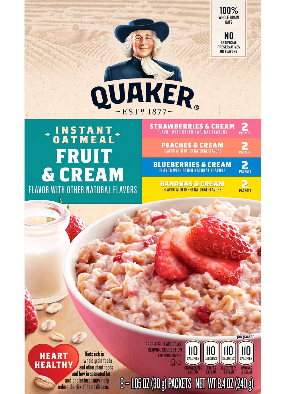 Quaker Fruit & Cream Instant Oatmeal Variety pack, Strawberries-Peaches-Blueberries-Banana (8 x 1.05 oz)