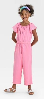 Cat & Jack Girl's Short Sleeve Eyelet Jumpsuit, M, Pink