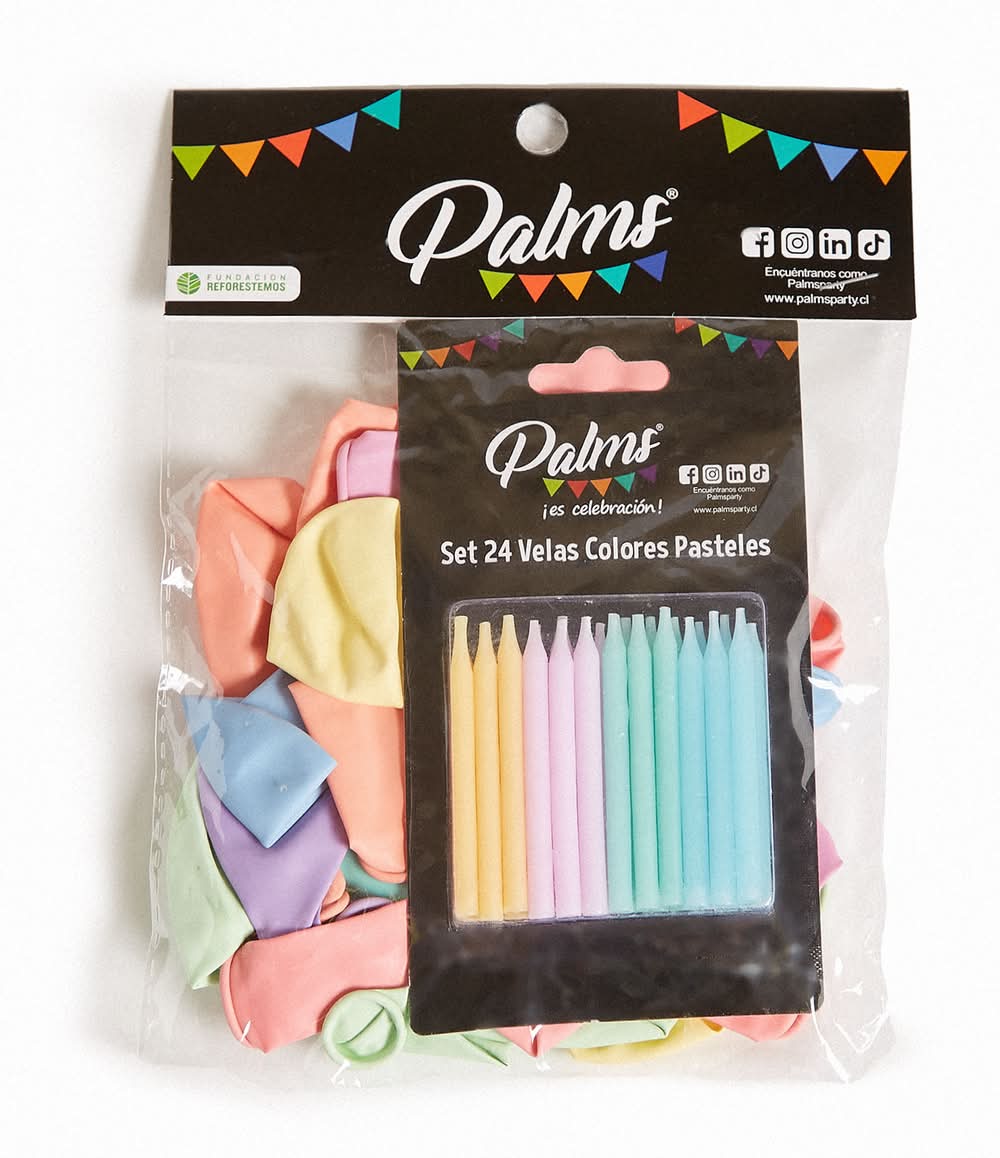 Palms · Pack globos + velas colores pasteles (49 un)