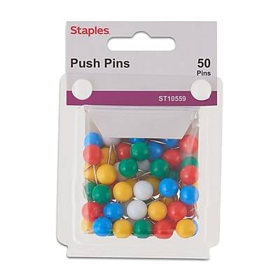 Staples® Non-Magnetic Round Head Pushpins, Assorted Colors, 50/Box (10559-CC)
