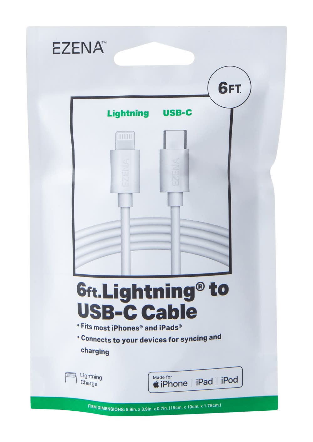 Ezena Lighting To Usb-C Cable, 6 ft, White