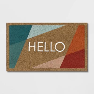 Room Essentials Hello Bright Block Faux Coir Doormat, 18x30 in, Beige