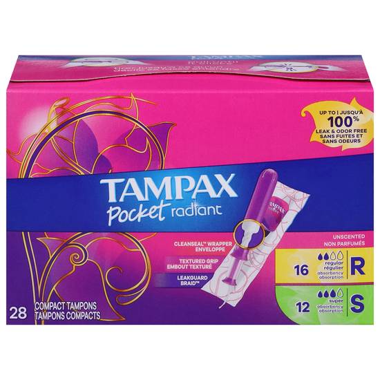 Tampax Pocket Radiant Regular & Super Absorbency Tampons (28 ct)