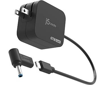 j5create GaN 67W USB Type-C Mini Charger with 4.5mm DC Converter, Black (JUP1565)