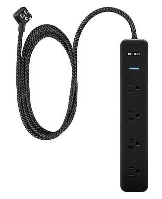 Philips 4-Outlet Surge Protector, 450J, Adapter-Spaced, 4 ft. Braided Cord, Black (SPP3503B/37-T1)