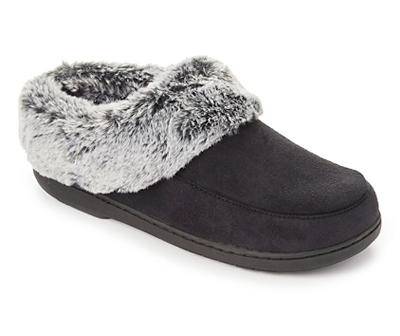 Women's M Black Faux Fur-Cuff Microfiber Faux Suede Clog Slippers