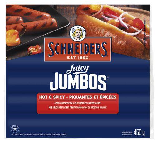 Schneiders saucisses fumées piquantes et épicées juicy - juicy jumbos hot & spicy wieners (450 g)