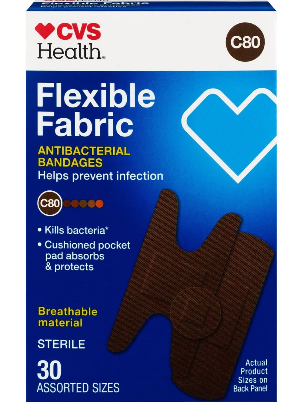 CVS Health Flexible Fabric Antibacterial Bandages, Assorted, C80 (30 ct)