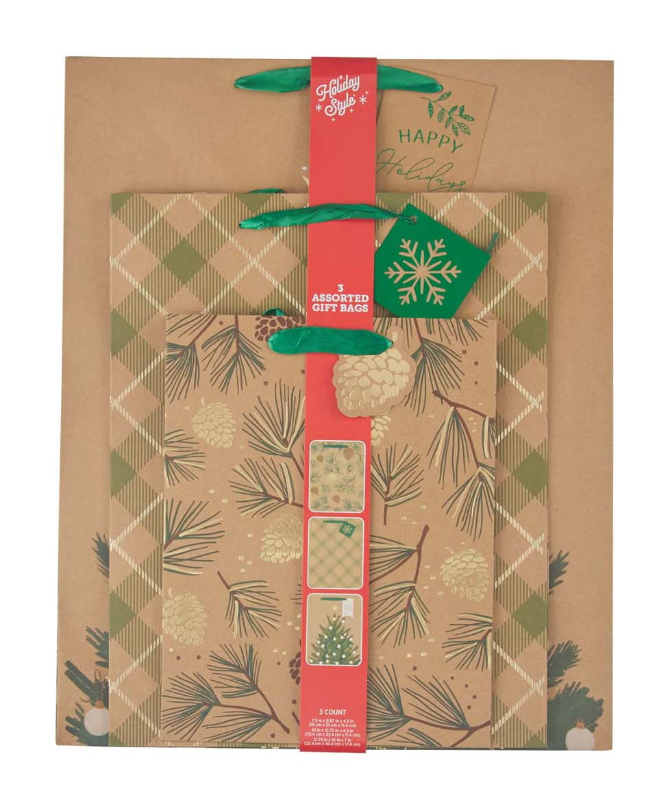 Holiday Style Christmas Mixed Kraft Gift Bags (3 ct)