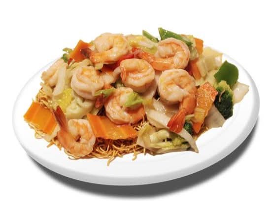23d. Nouilles frites Chow-Mein cantonaise avec crevettes / Fried Cantonese Chow Mein Noodles with Shrimp / 广式虾肉炒面(脆面)