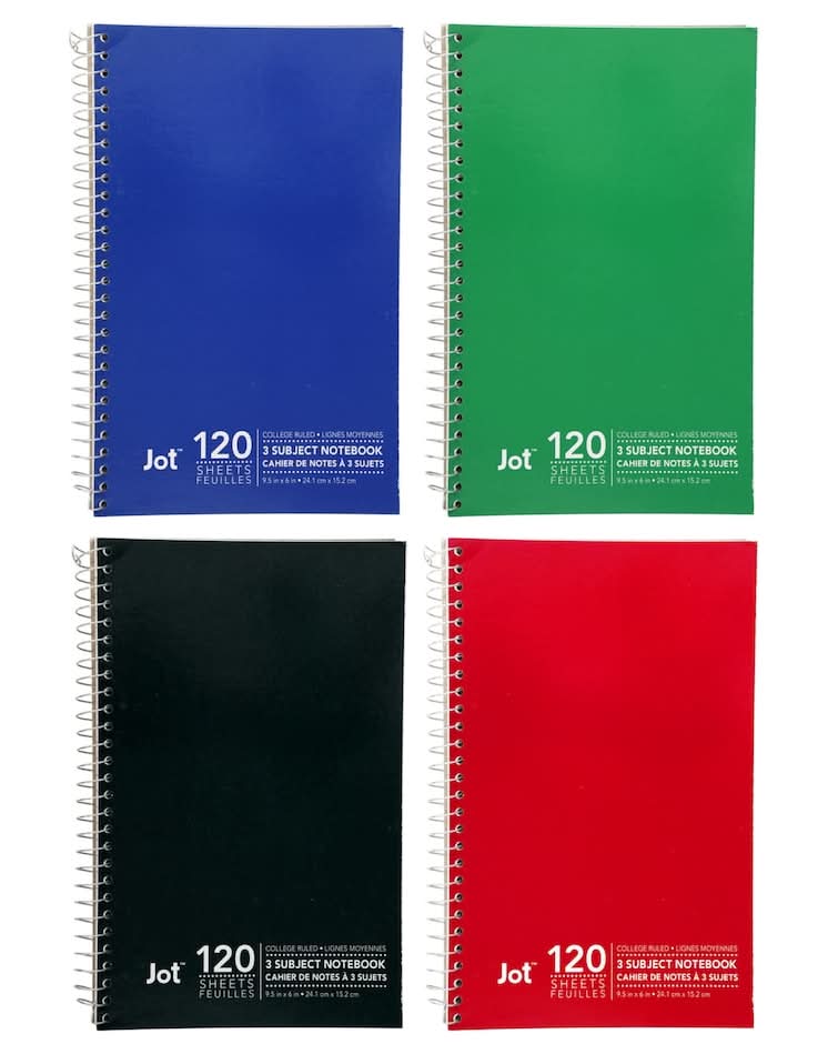Jot 3-Subject Mini-Spiral Notebooks, 9.5x6 in, Assorted (4 ct)