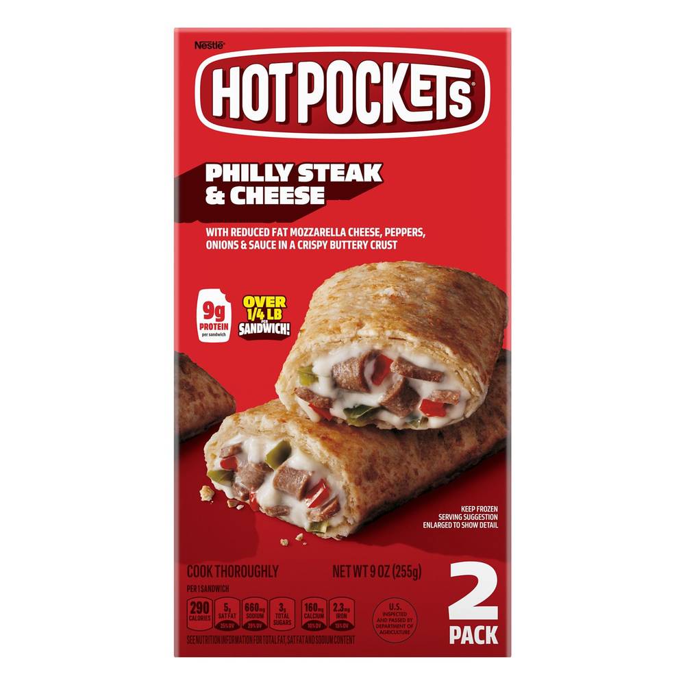 Hot Pockets, Philly Steak And Cheese Frozen Snacks In A Seasoned Crust, Steak And Cheese Snacks Made With Reduced Fat Mozzarella Cheese, 2 Count Frozen Sandwiches, 9 Oz