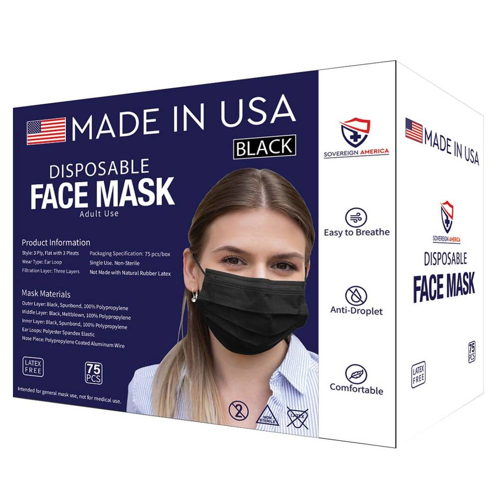 Sovereign America Disposable Face Mask (black,75 ct)