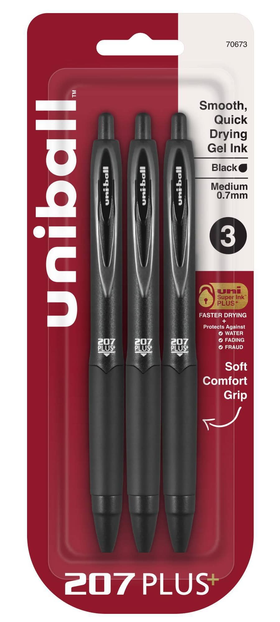 Uniball 207 Plus+ Gel Pen 0.7mm Medium Point Ink, Black (3 ct)