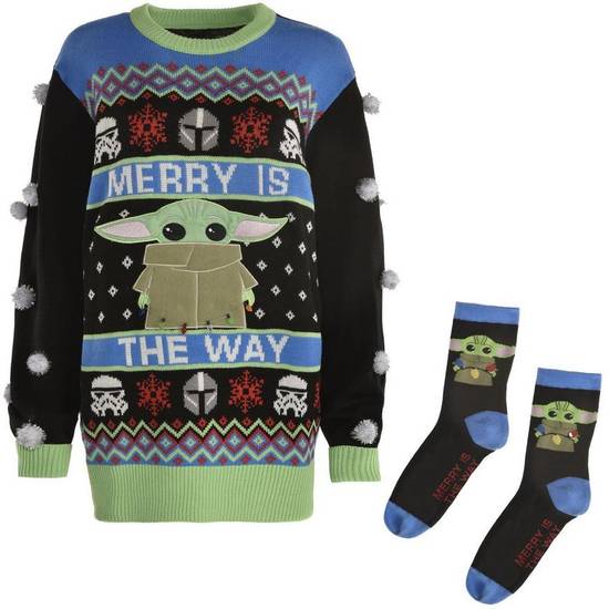 Adult The Child Ugly Christmas Sweater with Socks - Star Wars The Mandalorian - Size - L/XL